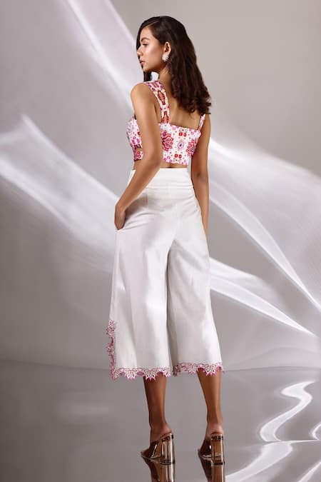 Shop_Betrue_White Chanderi Silk Embroidered Scallops Wide Legged Culotte  _at_Aza_Fashions