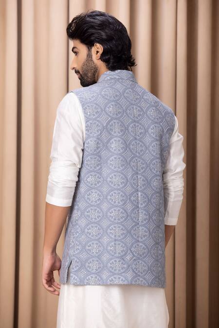 Ankit V Kapoor Grey Floral Embroidered Bundi & Kurta Set 