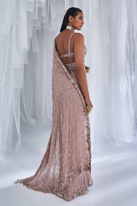 Shop Dolly J Beige Georgette Embroidery Malishka Saree With Sleeveless Blouse at Aza Fashions Shop_Dolly J_Beige Georgette Embroidery Malishka Saree With Sleeveless Blouse _at_Aza_Fashions