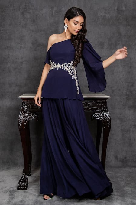 Sunita Bhandari One Shoulder Draped Top & Palazzo Set 