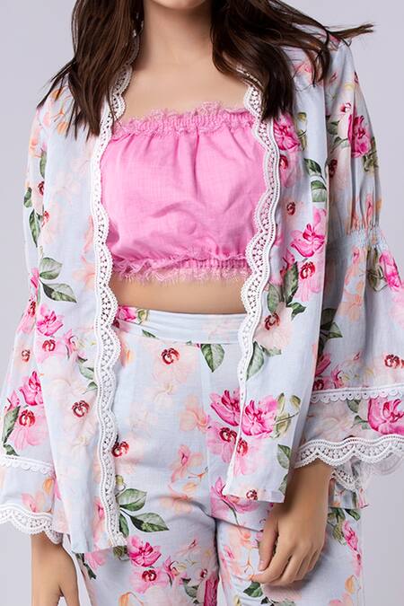 Tangerine Tiger Bell Sleeve Floral Print Jacket Pant Set 