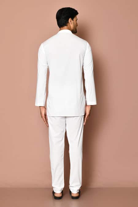 Shop_Samyukta Singhania_White , Satin Embroidery Full Sleeve Short Kurta _at_Aza_Fashions