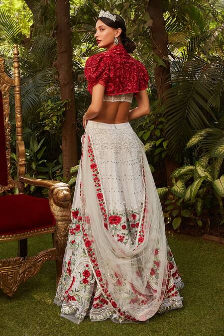 Shop_Cherie D_Red Tulle, Silk Pearls, Sequins, Begum Jaan Bolero Jacket And Lehenga Set _at_Aza_Fashions