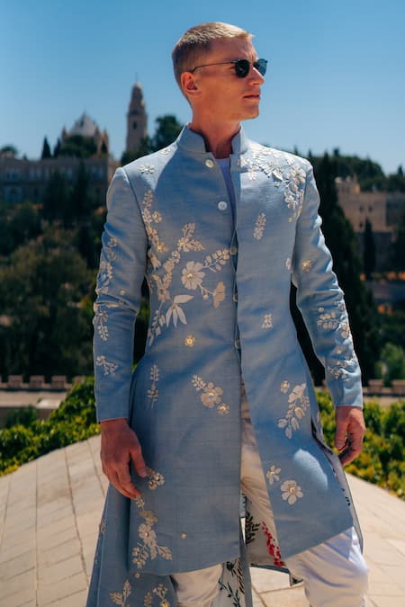 Sahil Kochhar Flower Embroidered Sherwani Set 