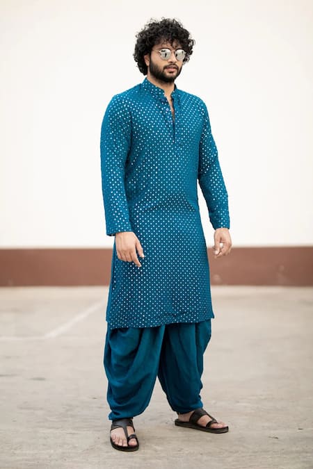 Shop_Hilo Design_Blue Georgette Embroidery Mirror Teal Kurta For Kids_at_Aza_Fashions