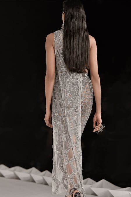 Shop_Rohit Gandhi + Rahul Khanna_Silver Tulle, Crepe Embroidery, Abyss Cutwork Cape And Embellished Skirt Set _at_Aza_Fashions