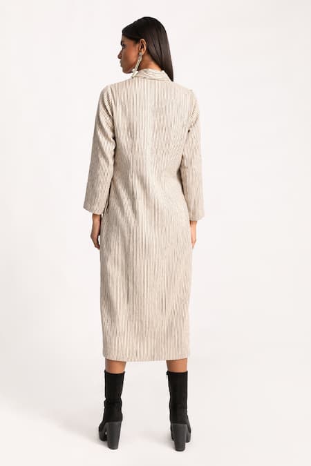 Shop Kritika Murarka Beige Crepe Cotton, Lining Mulmul Floral Embroidery, Pinstripe Blazer Dress at Aza Fashions Shop_Kritika Murarka_Beige Crepe Cotton, Lining Mulmul Floral Embroidery, Pinstripe Blazer Dress _at_Aza_Fashions