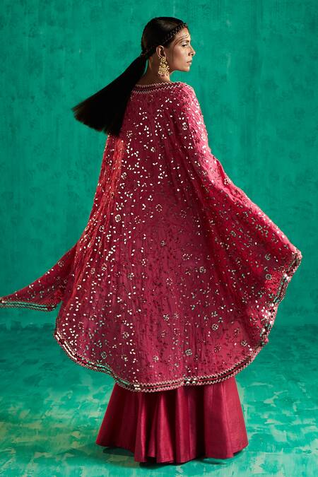 Shop_Shian_Pink Silk Dupion Embroidered Thread Cape Open Sharara Set  _at_Aza_Fashions