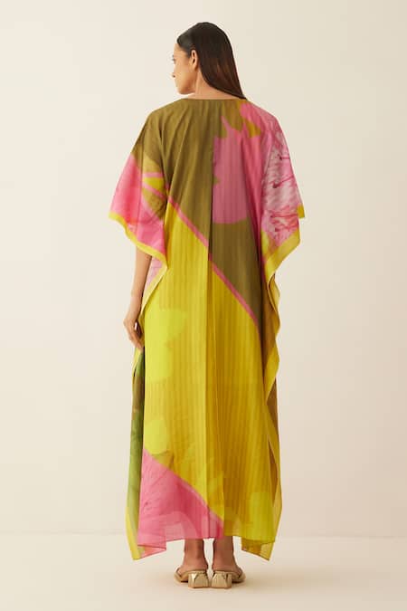 Shop Shivani Bhargava Multi Color Silk Beads V-neck Abstract Grid Pattern Kaftan at Aza Fashions Shop_Shivani Bhargava_Multi Color Silk Beads V-neck Abstract Grid Pattern Kaftan _at_Aza_Fashions