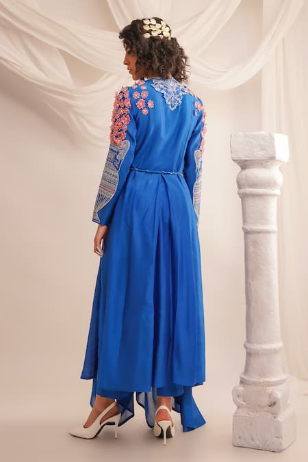 Shop Jajaabor Blue Silk Organza, Satin, Embroidery Cowl Neck Angrakha And Pant Set at Aza Fashions Shop_Jajaabor_Blue Silk Organza, Satin, Embroidery Cowl Neck Angrakha And Pant Set _at_Aza_Fashions