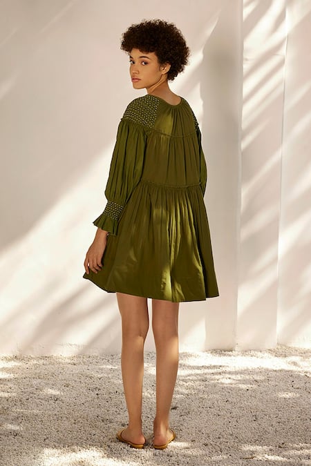 Shop_Kharakapas_Green Cotton, Poplin Round Neck Spring Breeze Dress _at_Aza_Fashions