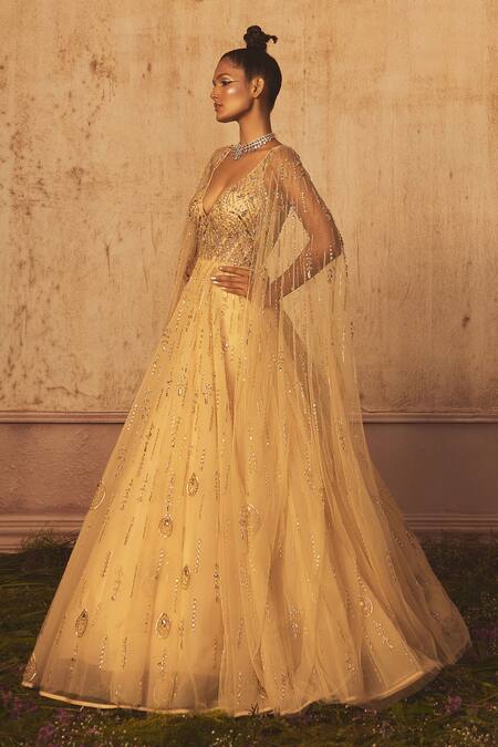 Shop_Shivani Awasty_Beige Net Plunge Neck Samantha Embroidered Draped Sleeve Gown _at_Aza_Fashions