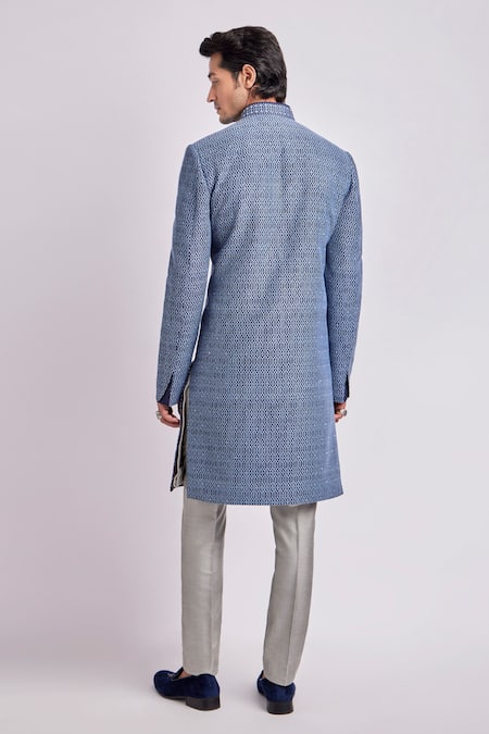 Shop Bubber Couture Blue Cotton, Silk Embroidery Arturo Iron Gate Sherwani Jacket at Aza Fashions Shop_Bubber Couture_Blue Cotton, Silk Embroidery Arturo Iron Gate Sherwani Jacket _at_Aza_Fashions