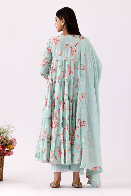 Shop_Abbaran_Blue Cotton Embroidery Round Neck Layered Floral Print Anarkali Set _at_Aza_Fashions
