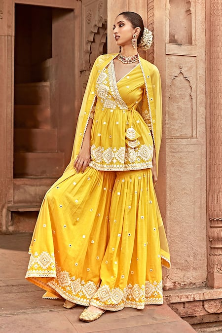 Shop_Preevin_Yellow Cotton, Tulle Embroidery, Lace, Mirrors Border Peplum Angrakha Set _at_Aza_Fashions