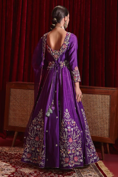 Shop Ajiesh Oberoi Purple Denim, Silk, Organza, Lycra Embroidery, Tassels Naira Long Anarkali Set at Aza Fashions Shop_Ajiesh Oberoi_Purple Denim, Silk, Organza, Lycra Embroidery, Tassels Naira Long Anarkali Set _at_Aza_Fashions