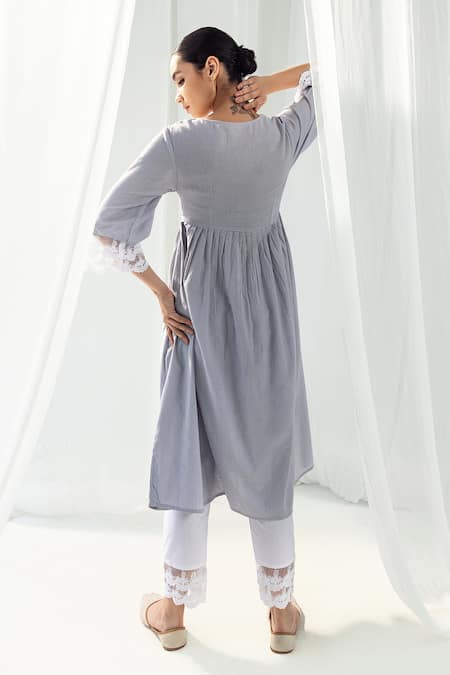 Shop Roze Purple Cotton, Chiffon Lace, Embroidery V-neck Aura A-line Pleated Anarkali Set at Aza Fashions Shop_Roze_Purple Cotton, Chiffon Lace, Embroidery V-neck Aura A-line Pleated Anarkali Set _at_Aza_Fashions