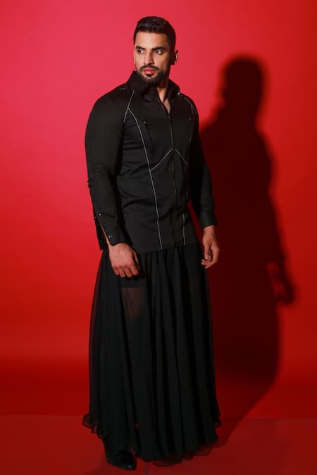 Shop Echke Black Cotton, Polyester Embroidery Threadwork Zip-up Shirt at Aza Fashions Shop_Echke_Black Cotton, Polyester Embroidery Threadwork Zip-up Shirt _at_Aza_Fashions