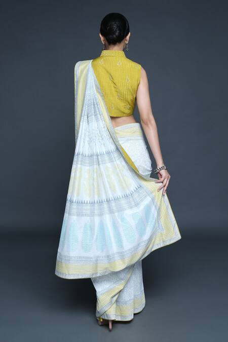 Shop_Sanjev Marwaaha_Yellow Chanderi Printed Floral Band Collar Block Saree With Blouse_at_Aza_Fashions