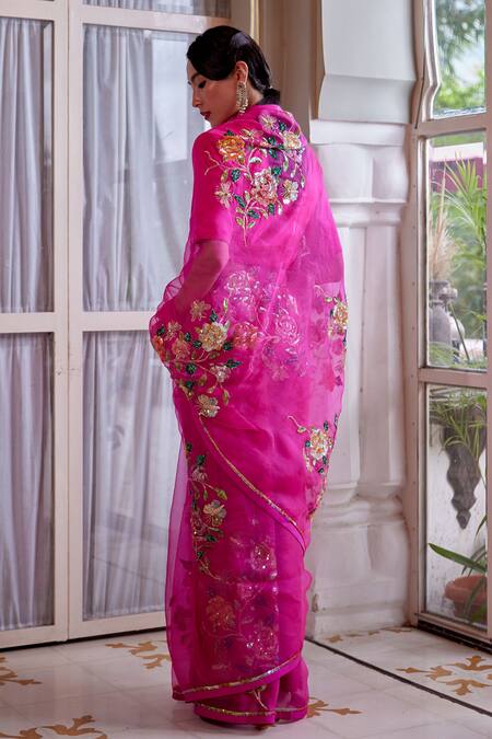 Buy Pink Saree Silk Organza Hand Embroidered Zardosi Leaf Blouse And Set  For Women by Gul By Aishwarya Online at Aza Fashions.