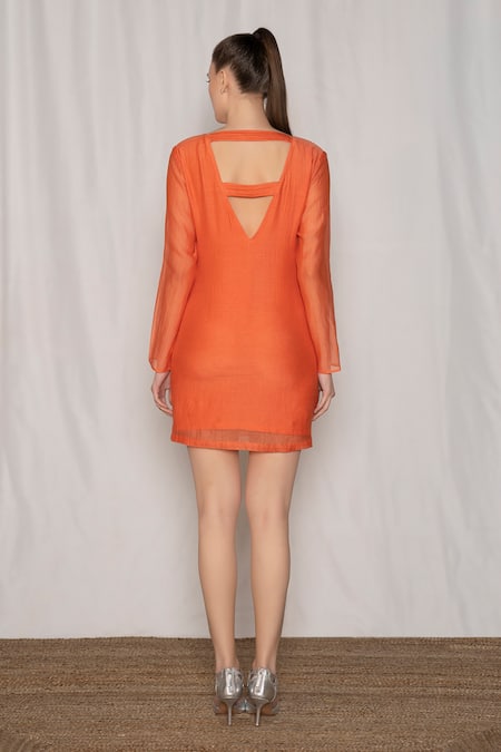 Shop Amrta By Guneet Kondal Coral Cotton, Viscose Beads, Embroidery V-neck Short Dress at Aza Fashions Shop_Amrta By Guneet Kondal_Coral Cotton, Viscose Beads, Embroidery V-neck Short Dress _at_Aza_Fashions