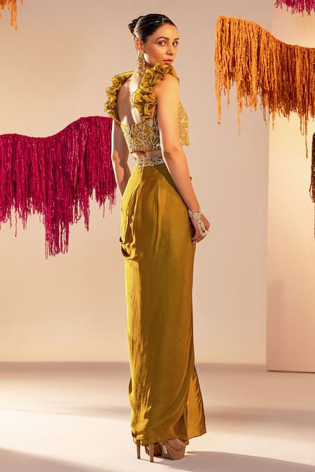 Silky Bindra Floral Embroidered Corset With Draped Skirt 