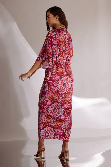 Shop Betrue Red Cotton, Silk Off-shoulder Kashan Print Dress at Aza Fashions Shop_Betrue_Red Cotton, Silk Off-shoulder Kashan Print Dress _at_Aza_Fashions