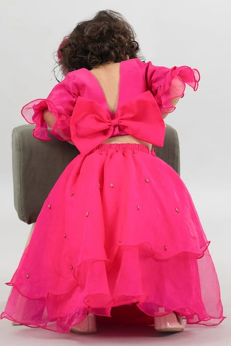 Shop Darleen Kids Couture Magenta Chanderi, Organza, Satin Phooljhadi Embroidered Crop Top Lehenga Set at Aza Fashions Shop_Darleen Kids Couture_Magenta Chanderi, Organza, Satin Phooljhadi Embroidered Crop Top Lehenga Set _at_Aza_Fashions