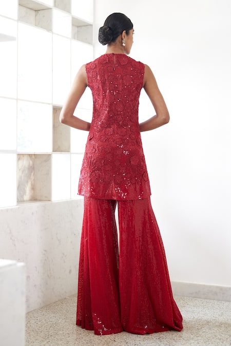 Shop_Mishru_Red Tulle, Organza Sequins Round Nora Floral Embroidered Tunic Flared Pant Set _at_Aza_Fashions