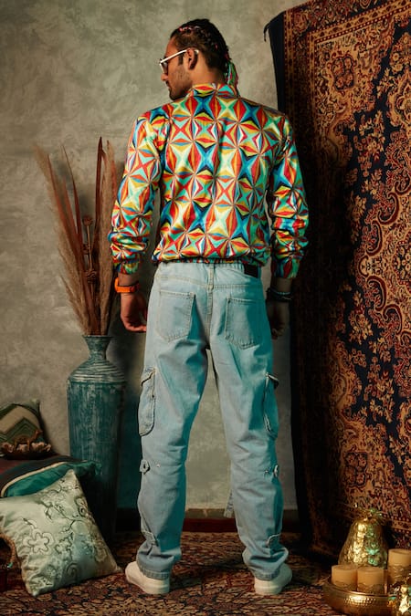 Shop Esha L Amin Multi Color Viscose, Crepe Big Square Print Bomber Jacket at Aza Fashions Shop_Esha L Amin_Multi Color Viscose, Crepe Big Square Print Bomber Jacket _at_Aza_Fashions