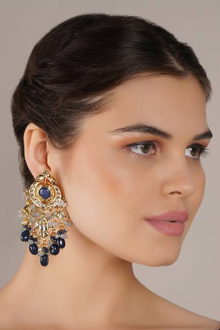 ChhavI'S Jewels_Blue Pearls Kundan And Stone Embellished Chandbalis _Online_at_Aza_Fashions