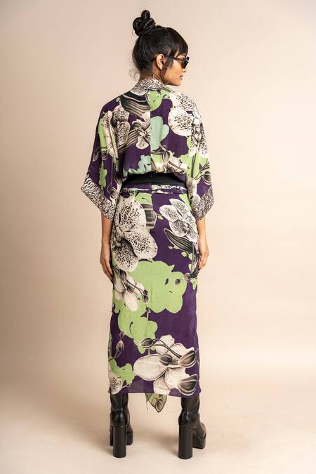 Shop Nupur Kanoi Purple Crepe V-neck Floral Print Kaftan Top And Knotted Skirt Set at Aza Fashions Shop_Nupur Kanoi_Purple Crepe V-neck Floral Print Kaftan Top And Knotted Skirt Set_at_Aza_Fashions