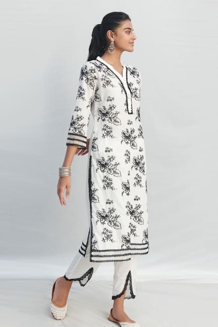 Shop_Mulmul_White 100% Pure Mulmul Embroidered And Verlem Kurta Savri Pant Set _at_Aza_Fashions