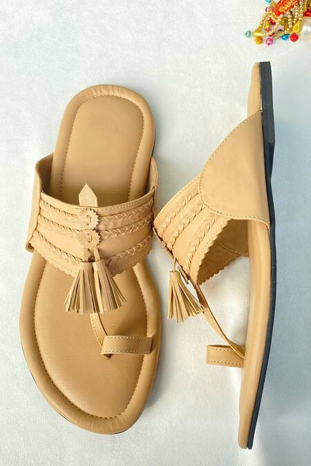 Shop_SCHON ZAPATO_Beige Tassel Detailed Kolhapuri _at_Aza_Fashions