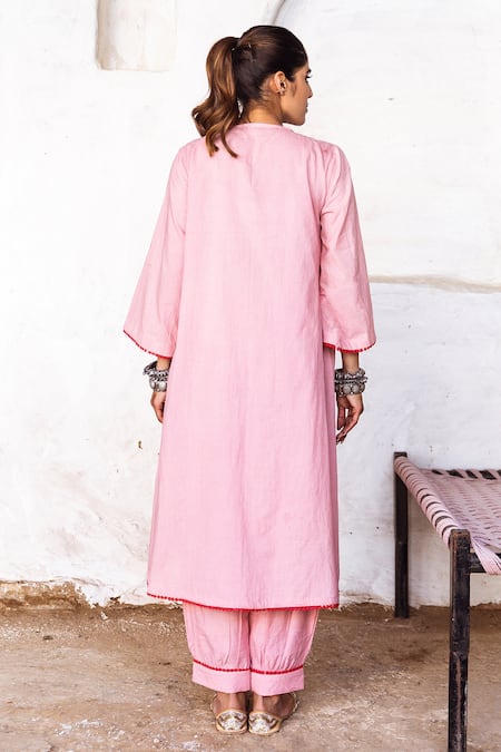 Shop_Gulabo Jaipur_Peach Cotton Embroidery Round Neck Arzu Kurta And Pant Set _at_Aza_Fashions