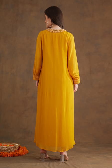 Shop Nikasha Yellow Viscose Beads, Mirrors Plunge Neck Neckline Embroidered Dress at Aza Fashions Shop_Nikasha_Yellow Viscose Beads, Mirrors Plunge Neck Neckline Embroidered Dress _at_Aza_Fashions