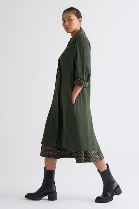 Shop Three Green Collared Striped And Checkered Trench Jacket at Aza Fashions Shop_Three_Green Collared Striped And Checkered Trench Jacket _at_Aza_Fashions
