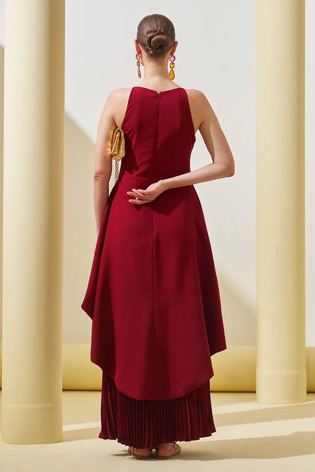 Buy Maroon Polyester Round Neck Peplum Layered Pleated Gown For