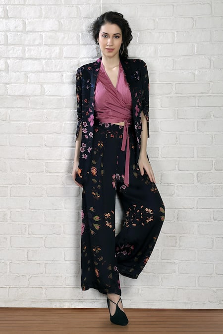 Whimsical By Shica Blue Cotton, Silk Open Neck, Bug Print Jacket Flared Pant Set Online at Aza Fashions Whimsical By Shica_Blue Cotton, Silk Open Neck, Bug Print Jacket Flared Pant Set _Online_at_Aza_Fashions