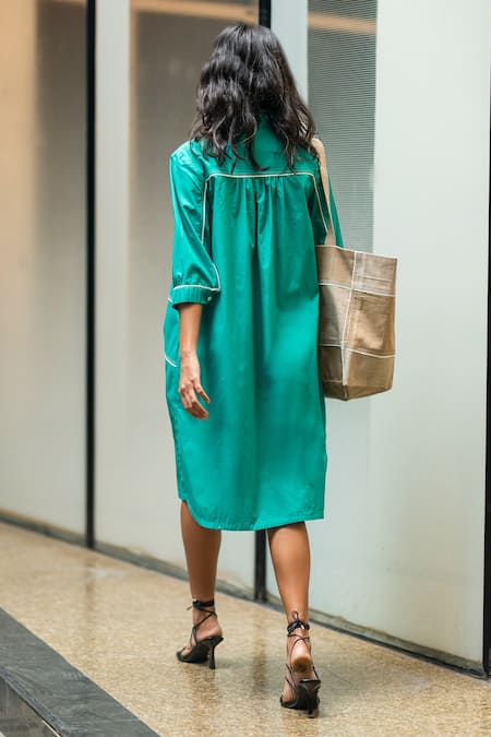 Shop Leh Studios Green Cotton Collared Checkered Pattern Shirt Dress at Aza Fashions Shop_Leh Studios_Green Cotton Collared Checkered Pattern Shirt Dress _at_Aza_Fashions