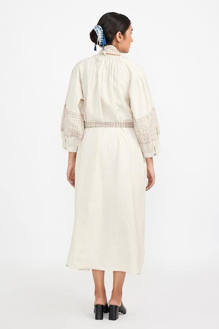 Shop_JAYATI GOENKA_White Cotton Embroidery V-neck Placket Print Dress _at_Aza_Fashions