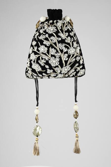 Shop ClutcH'D Black Embroidery, Pearls, Zari Velvet Potli Bag at Aza Fashions Shop_ClutcH'D_Black Embroidery, Pearls, Zari Velvet Potli Bag _at_Aza_Fashions