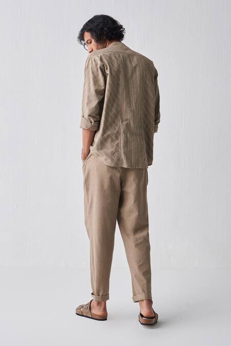 Shop Three Green Handloom Cotton Embroidery Handwoven Shirt at Aza Fashions Shop_Three_Green Handloom Cotton Embroidery Handwoven Shirt_at_Aza_Fashions