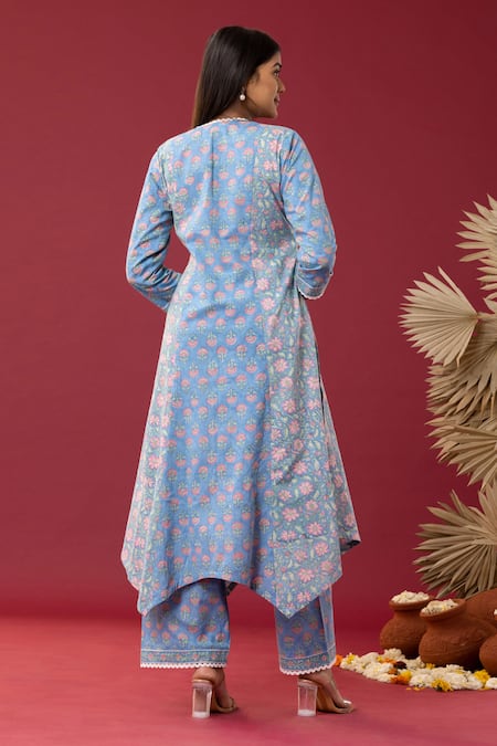 Shop Abbaran Blue , Satin Lace, Embroidery Spring Block Kurta Palazzo Set at Aza Fashions Shop_Abbaran_Blue , Satin Lace, Embroidery Spring Block Kurta Palazzo Set _at_Aza_Fashions