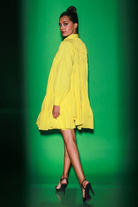 Shop Echke Yellow Poplin Shawl Neck Flowy Tiered Dress at Aza Fashions Shop_Echke_Yellow Poplin Shawl Neck Flowy Tiered Dress _at_Aza_Fashions