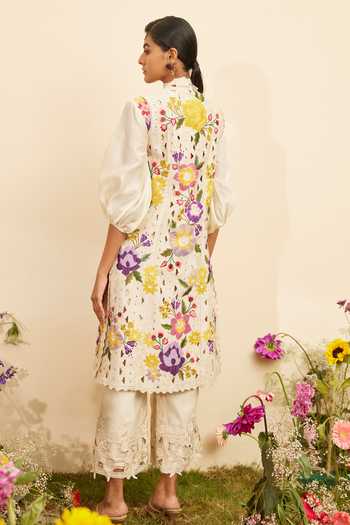 Shop Chandrima Ivory Chanderi Embroidery, Cut Work Open Neck Floral Applique Jacket at Aza Fashions Shop_Chandrima_Ivory Chanderi Embroidery, Cut Work Open Neck Floral Applique Jacket _at_Aza_Fashions