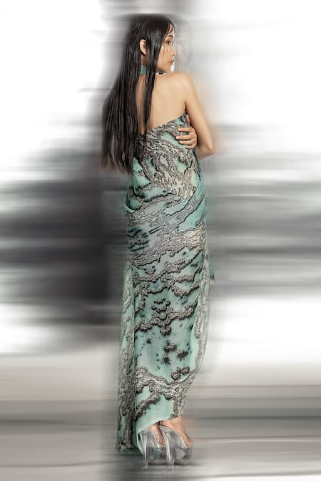 Shop Abhishek Sharma Green Polyester, Georgette Lace Halter Neck Reef Print Draped Dress at Aza Fashions Shop_Abhishek Sharma_Green Polyester, Georgette Lace Halter Neck Reef Print Draped Dress _at_Aza_Fashions