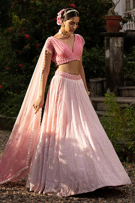 Shop_AMRIN KHAN_Pink Georgette Embroidery Beads V Neck Chikankari Lehenga Set  _at_Aza_Fashions