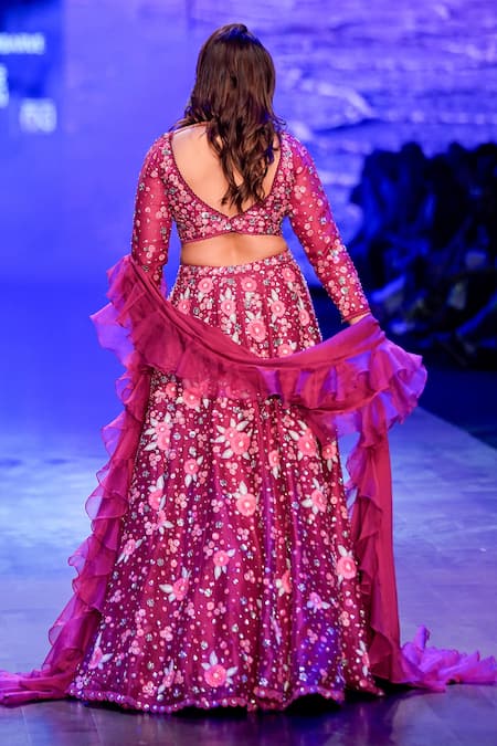 Shop_Nachiket Barve_Magenta Organza, Chiffon, Tussar Embroidery, Moonflower Floral Lehenga Set _at_Aza_Fashions