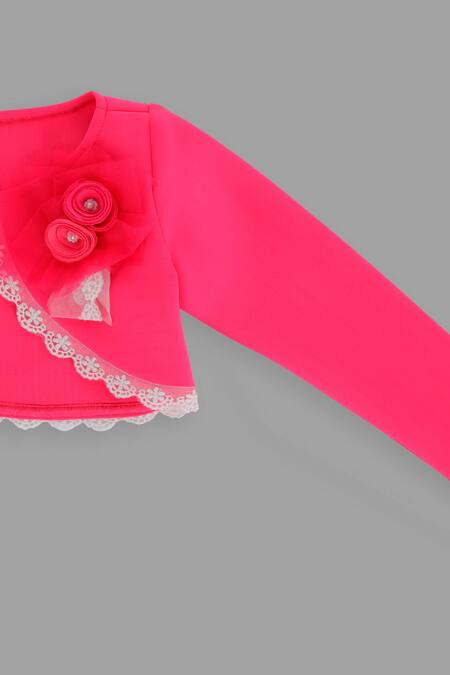 Shop Pinkcow designs pvt ltd Pink Scuba Embellishment Hand Made Flower Lace Shrug at Aza Fashions Shop_Pinkcow designs pvt ltd_Pink Scuba Embellishment Hand Made Flower Lace Shrug _at_Aza_Fashions